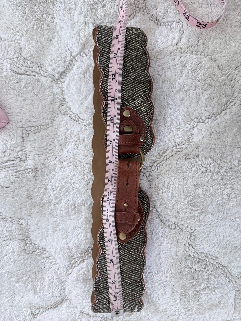 Anthropologie Scalloped Brown Leather Beaded Waist Belt with Brass Ring size M - Picture 6 of 8